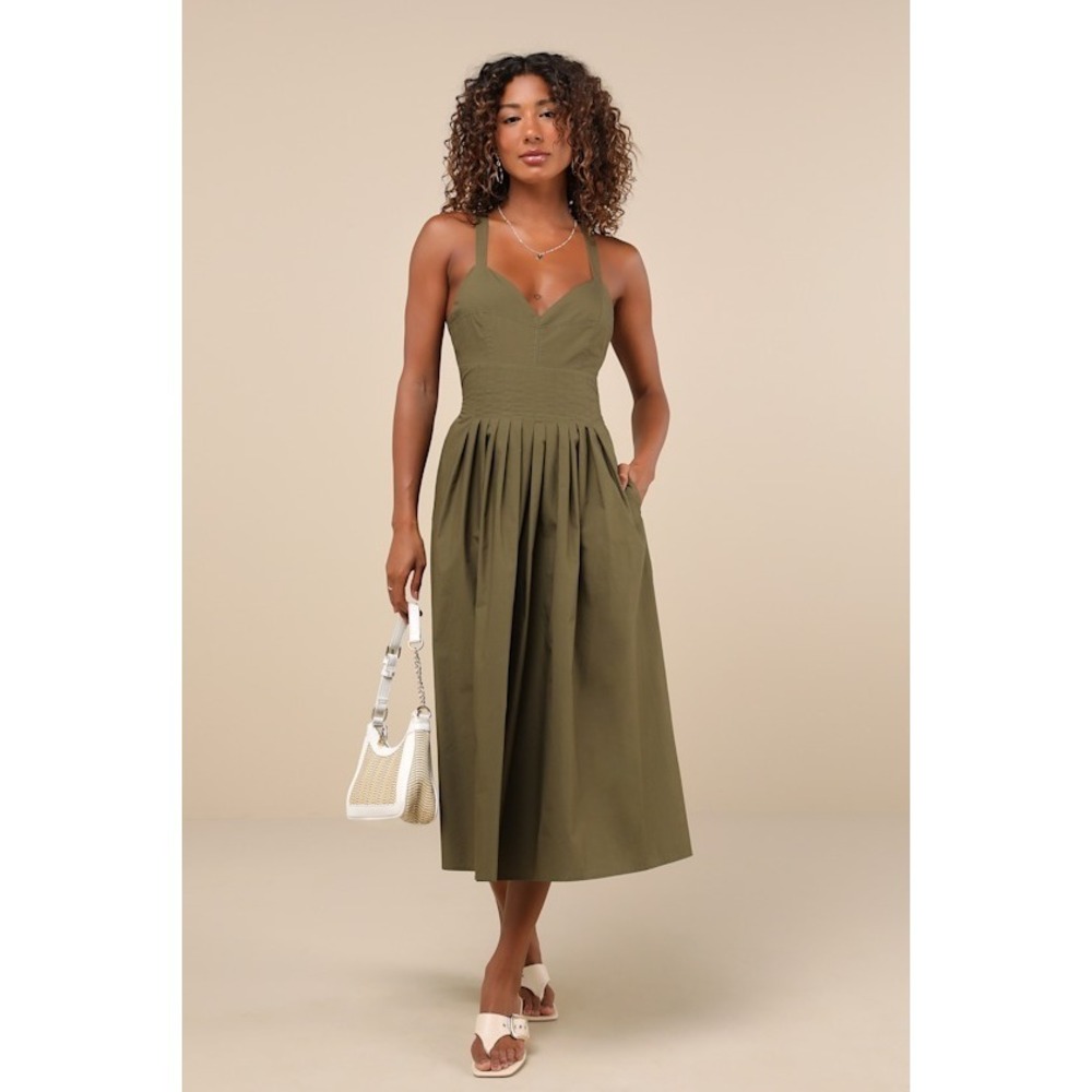 Brand New! Olive Pleated Backless Midi Dress With Pockets